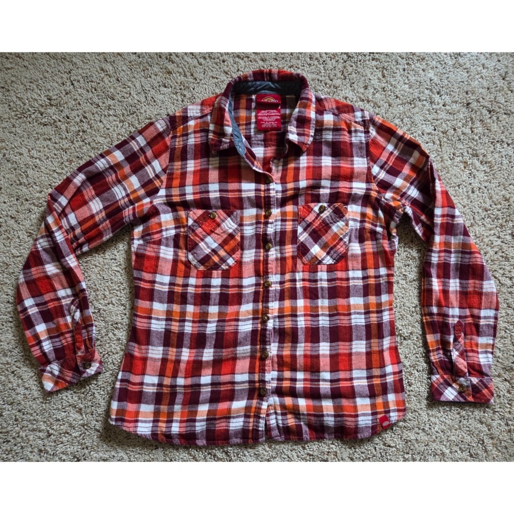 NICE! Dickies Women's LARGE Red Plaid Flannel Long Sleeve Collar Button Up Shirt